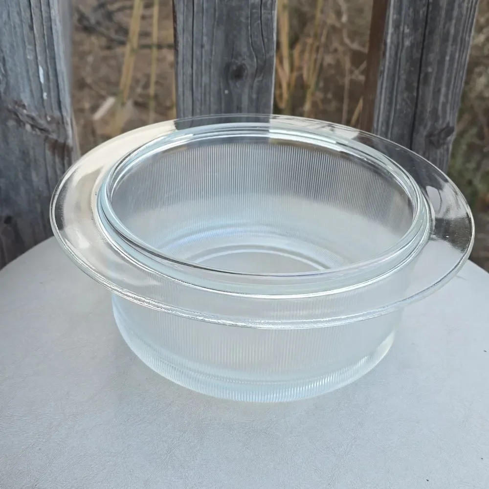 Lella & Massimo Vignelli Ribbed Glass Casserole – 1970s MCM Designer 1 Qt